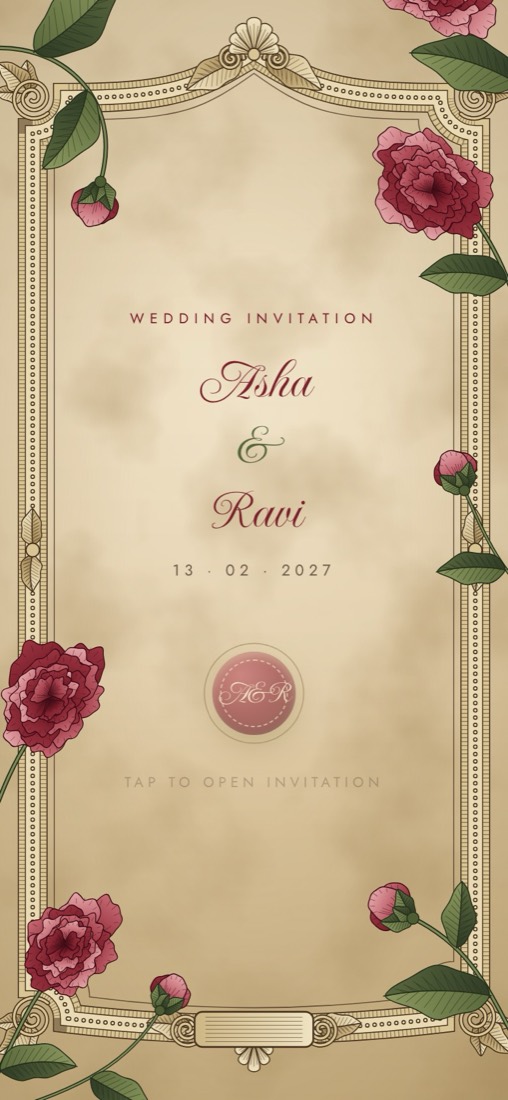 Asha and Ravi's invitation: a gold frame with red peonies and a wax seal