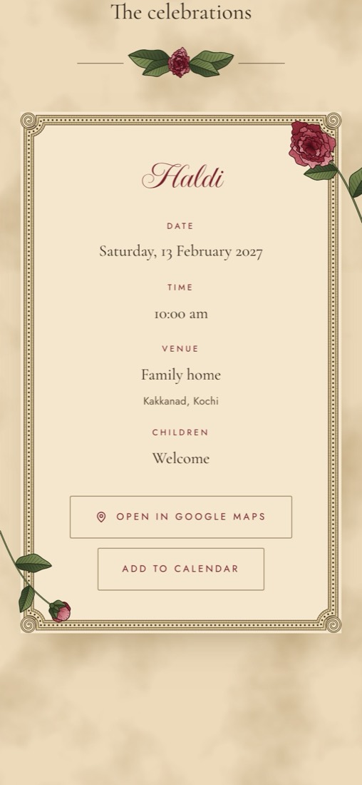 The Haldi card inside the invitation, with a map button and a calendar button